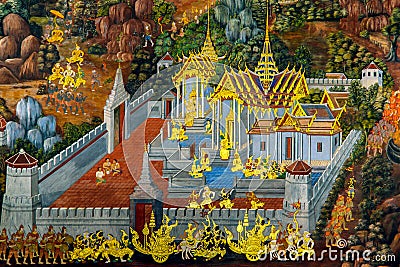 Thai mural paintings at Wat Phra Kaew in Bangkok, Thailand. Stock Photo