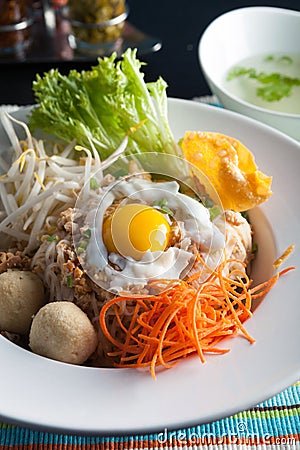 Thai Noodle Dish with Fried Egg Stock Photo
