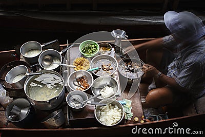 Thai noodle food style cooking in floating boat market Editorial Stock Photo