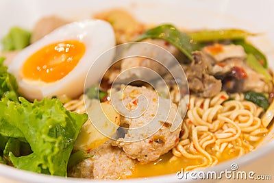 Thai noodle soup in a bowl taste spicy noodle soup Stock Photo