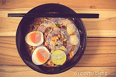 Thai noodle soup in a bowl taste spicy noodle soup Stock Photo