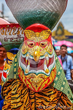 Thai northeastern traditional Phi Ta Khon ghost Festival parade Editorial Stock Photo