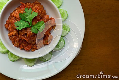 Thai Northern Style minced Pork and Tomato Relish paste dip. Nam Prik Ong. Stock Photo