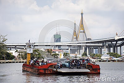 Thai passage ferryboat or ferry boat barge transport carry pick up vehicle crossing chao phraya river at Phra Pradaeng pier harbor Editorial Stock Photo