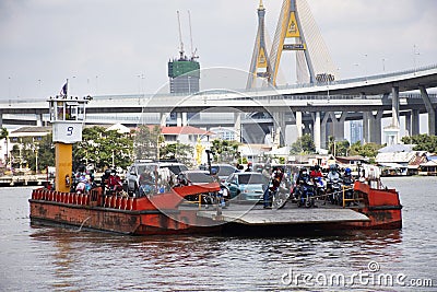 Thai passage ferryboat or ferry boat barge transport carry pick up vehicle crossing chao phraya river at Phra Pradaeng pier harbor Editorial Stock Photo