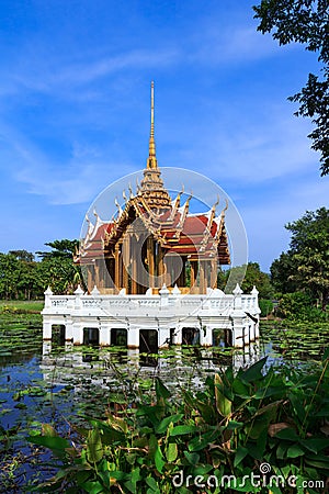 Thai pavillion in lotus pond in a park, Bangkok Stock Photo