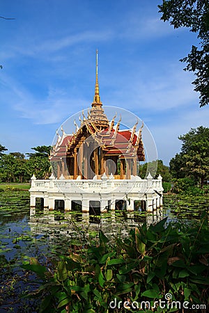 Thai pavillion in lotus pond in a park, Bangkok Stock Photo