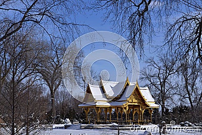 Thai Pavillion surrounded by winter trees in Olbrich Garden Editorial Stock Photo