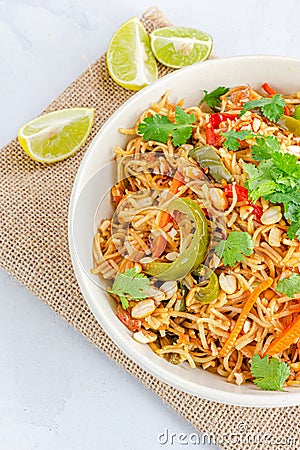 Thai Peanut Noodles with Vegetables, Top Down Asian Food Photo Stock Photo