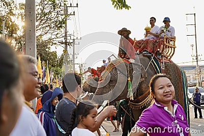 Thai people, elephant and mahout parade Pavilion at a wat par Lahansai temple , 31 January 2024 , Buriram Thailand Editorial Stock Photo