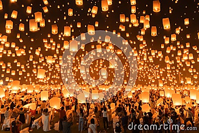 Thai people release sky floating lanterns or lamp to worship Buddha`s relics at night. Traditional festival in Chiang mai, Editorial Stock Photo