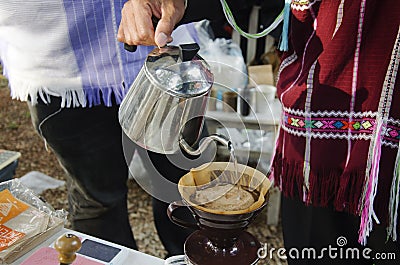 Thai people use drip coffee maker or dripper made hot coffee Editorial Stock Photo