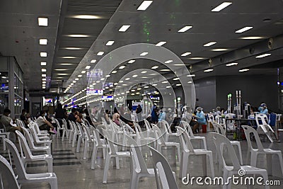 Thai people wait queue with social distancing for meet doctor and nurse inject vaccine Corona virus while Coronavirus COVID 19 Editorial Stock Photo