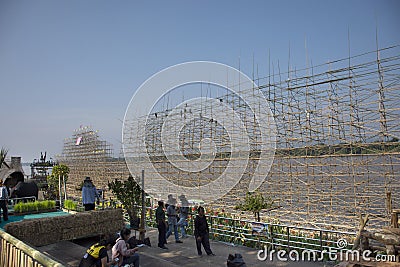 Thai people worker build bamboo boat in the festival of Illuminated Boat Procession or Lai Reua Fai at Mekong river on October 2, Editorial Stock Photo