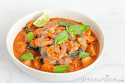 Thai Prawn / Shrimp Massaman Curry in a Bowl Directly Above Horizontal Photo Stock Photo