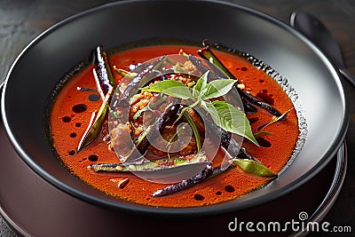 Thai red curry with black beans in black bowl on wooden tabl. Stock Photo