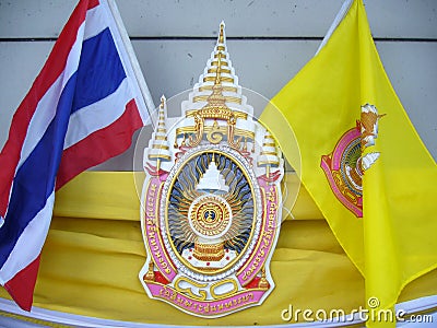 Thai Royal Emblem and Flags Editorial Stock Photo