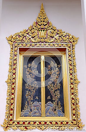 Thai Royal Sanctuary window from Wat Chaloem Phra Kiat Worawihan Stock Photo