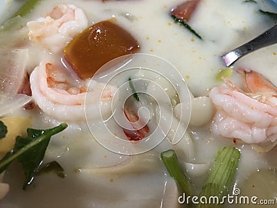 Thai seafood soup Tom Yam closeup, national food Stock Photo