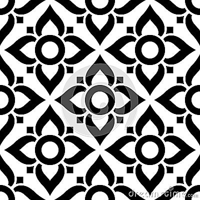 Thai seamless pattern with flowers - black and white tile, inspired by art from Thailand Stock Photo