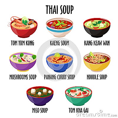 Thai soup icon set, different dishes in colorful bowls isolated Vector Illustration