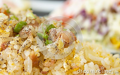 Thai Sour Pork Fried Rice and Salad on Left Frame Stock Photo