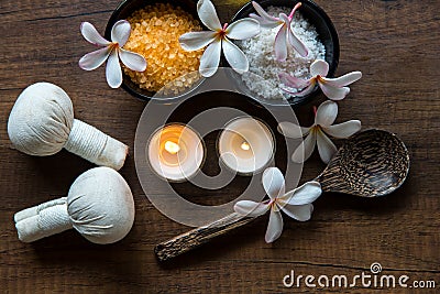 Thai spa composition treatments aroma therapy with candles and Plumeria flowers Stock Photo