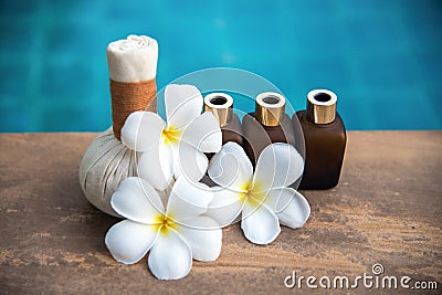 Thai Spa composition treatments aroma therapy for relax body with Plumeria flowers Stock Photo