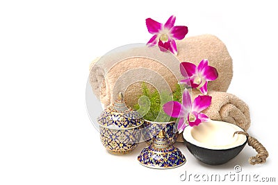 Thai spa massage setting with spa essential oil Stock Photo