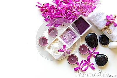 Thai Spa Treatments aroma therapy salt and sugar scrub and rock massage with orchid flower on wooden white. Healthy Concept. Stock Photo