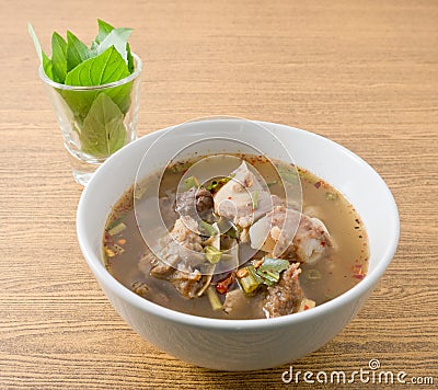 Thai Spicy Beef Entrails Soup with Sweet Basil Stock Photo