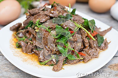 Thai spicy food basil beef fried Stock Photo