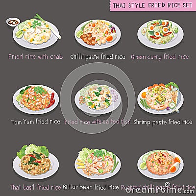 Thai style fried rice set. Vector Illustration