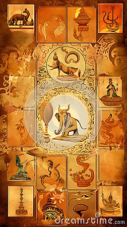 A Thai style wallpaper about relief, superstition, astrology, strengthening luck and destiny. Stock Photo