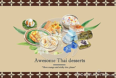 Thai sweet frame design with sticky rice, sweets with meean illustration watercolor Cartoon Illustration