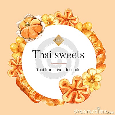 Thai sweet wreath design with thai sweets with meaning illustration watercolor Cartoon Illustration