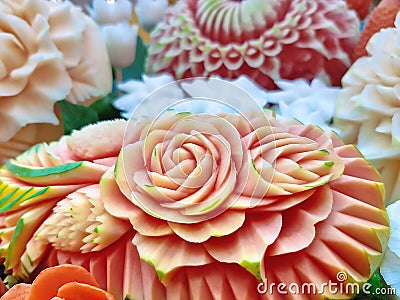 Thai Traditional Carved Fruits with Flower Patterns Stock Photo