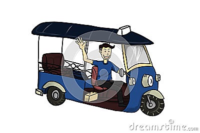 Thai traditional taxi Tuk Tuk with the handsome drivers smiling Stock Photo