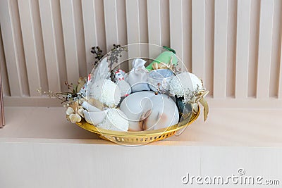 Thai wedding ceremony concept. hatch, cat ceramic, gold flower placed on wooden plate is a part of bride price in Chinese wedding Stock Photo