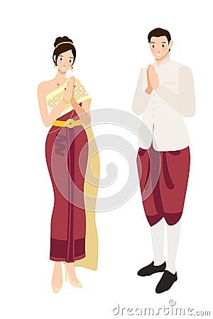 Thai wedding couple greeting in traditional light creme khaki suit and red golden dress Vector Illustration