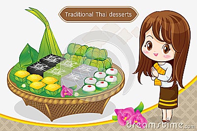 Thai character in traditional costume Sawasdee and welcome presenting traditional thai dessert Vector Illustration