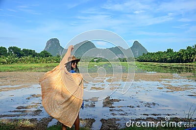 Thai women with shawl fabric natural color portrait at outdoor Stock Photo