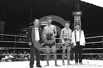 Thai young boxers stand with their sponsor Editorial Stock Photo