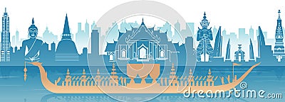 Thailand famous landmark in scenery design and royal Thai boat silhouette design in blue and orange yellow color Vector Illustration