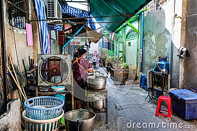 Different Shophouse Restaurants Lines The Alleyway In Old Bangkok, Thailand Editorial Stock Photo