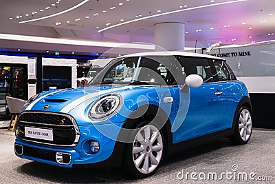 Thailand, Bangkok -28 February 2018 : Blue Mini Cooper Mini Hatch 3-Door car with white line showing in the MINI showroom at the Editorial Stock Photo