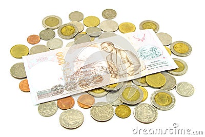 Thailand banknotes and coins isolated on white Stock Photo