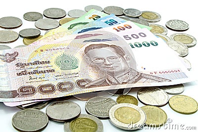 Thailand banknotes and coins isolated Stock Photo