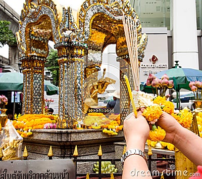 Thailand Bankok San Phra Phrom, Erawan Shine, 4 faces buddha, 4 faced buddha, praying Editorial Stock Photo