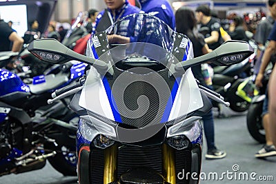 Thailand - Dec , 2018 : close up front view of Yamaha R1M motorbike presented in motor expo Nonthaburi Thailand Editorial Stock Photo
